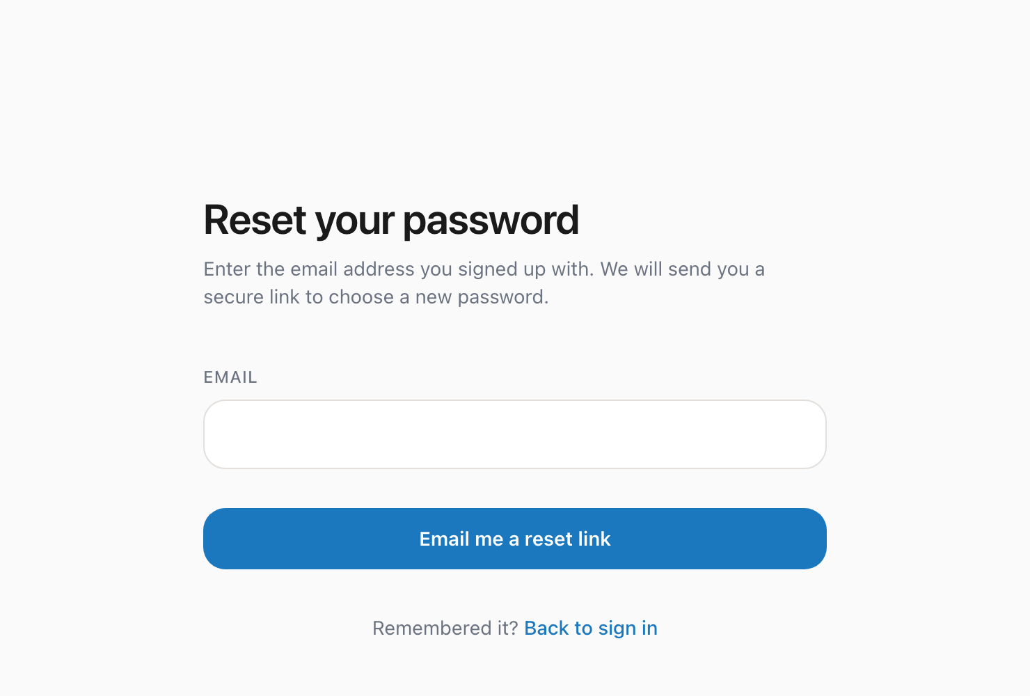 Reset password form with email input and submit button