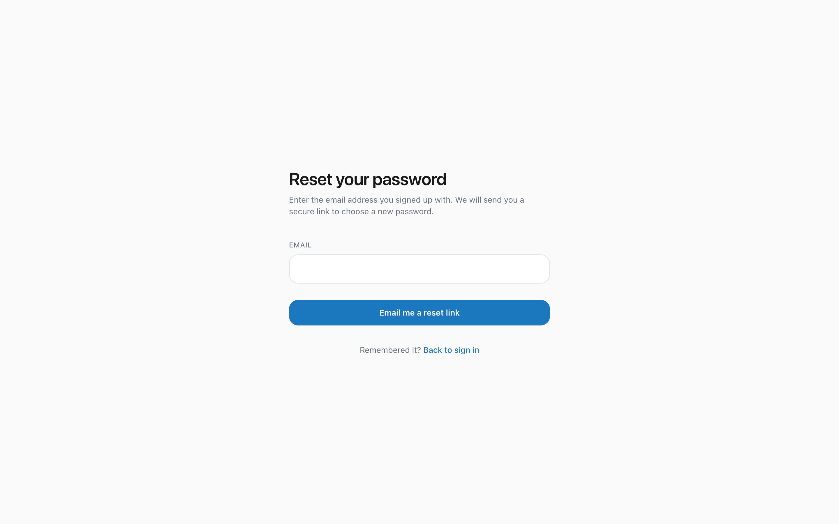Password reset page for recovering your account