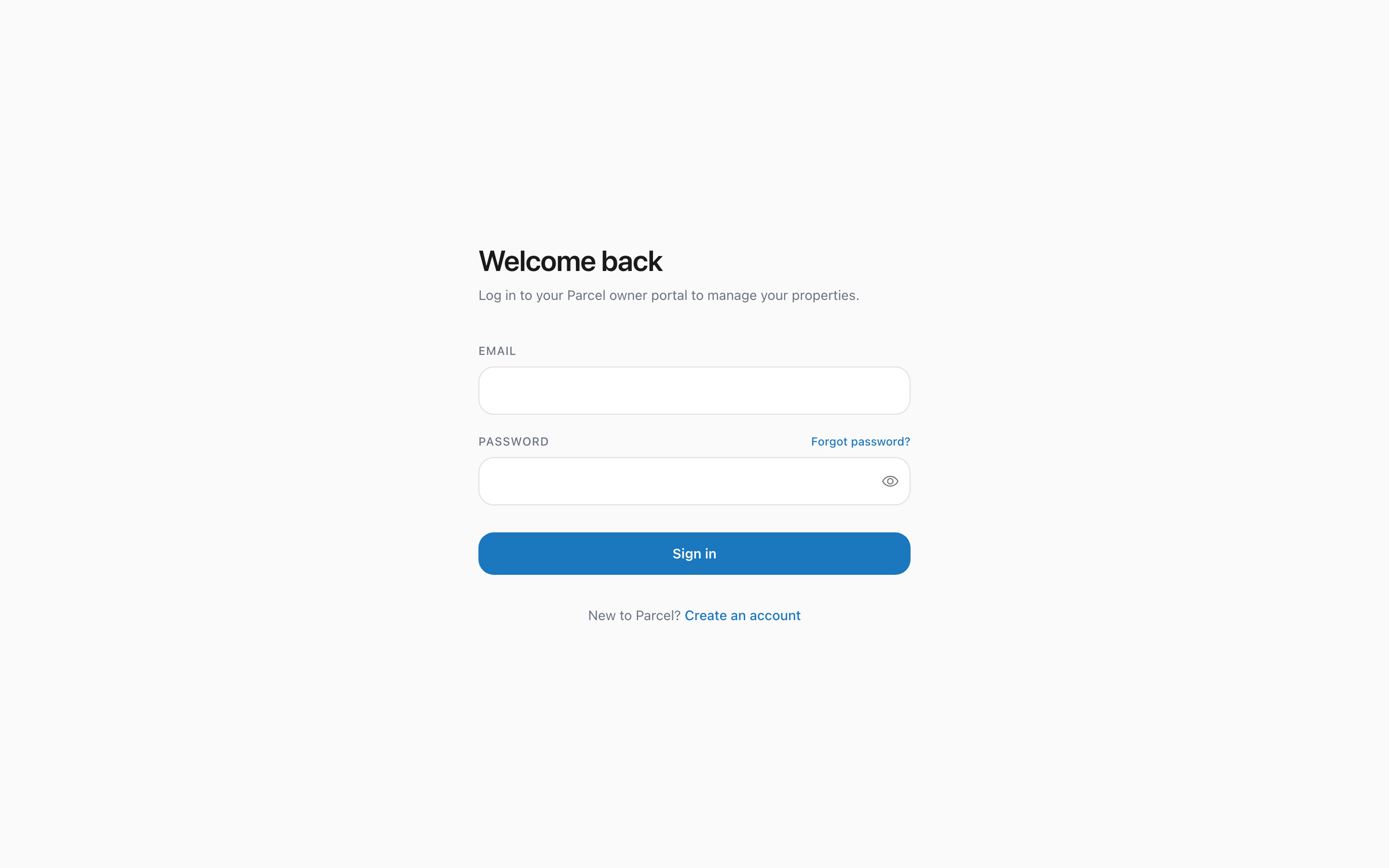 Parcel login page with email and password fields