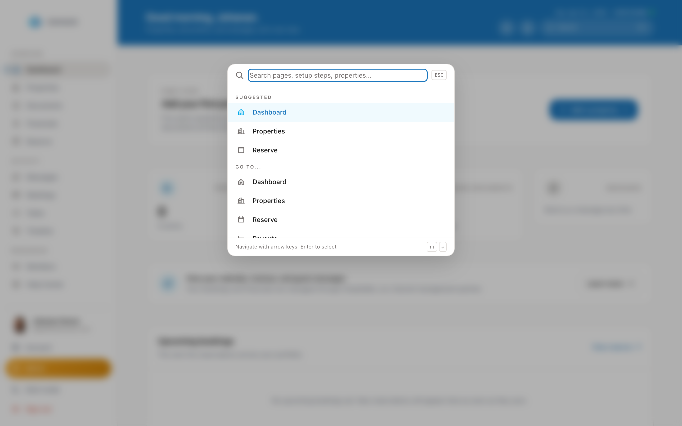 Command palette open showing search results and quick navigation