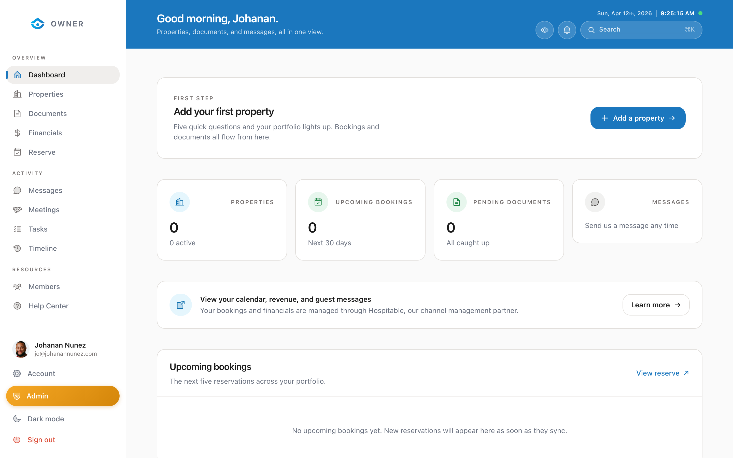 Portal dashboard with search bar in the header