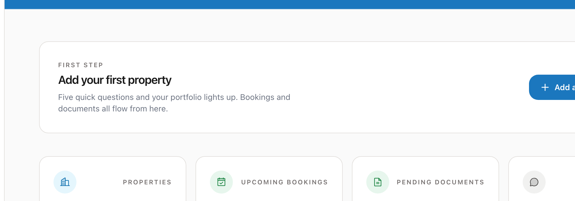 Dashboard statistics cards showing properties, bookings, documents, and messages