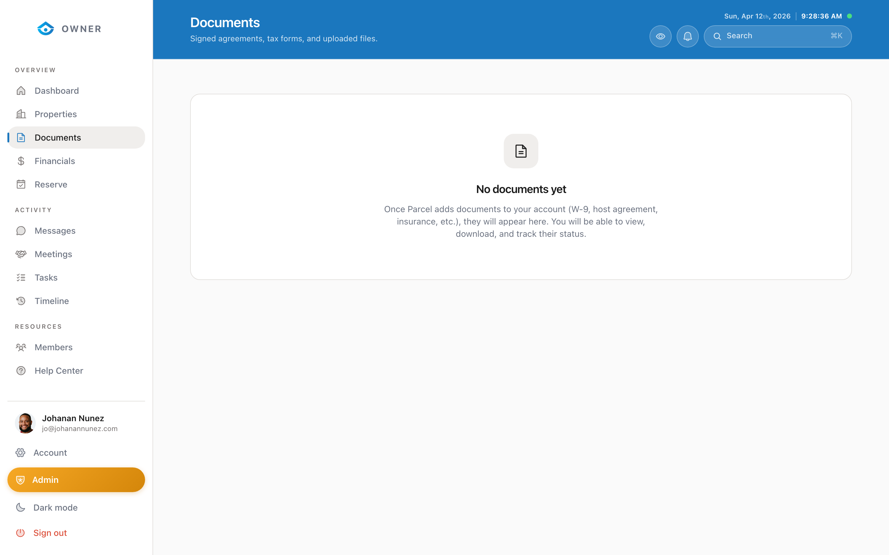 Documents page showing all your agreements and files