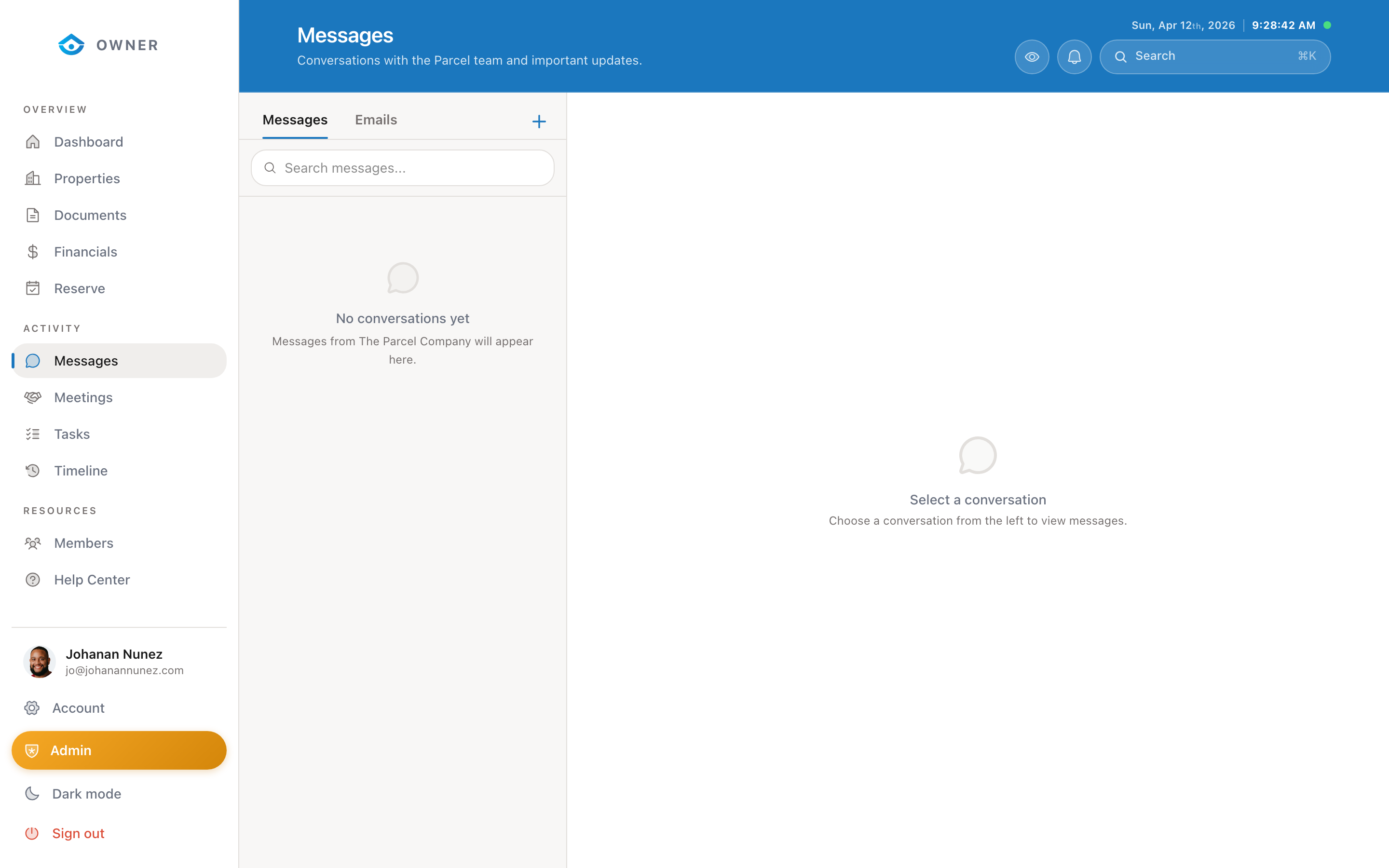 Meetings section accessible from the messages page