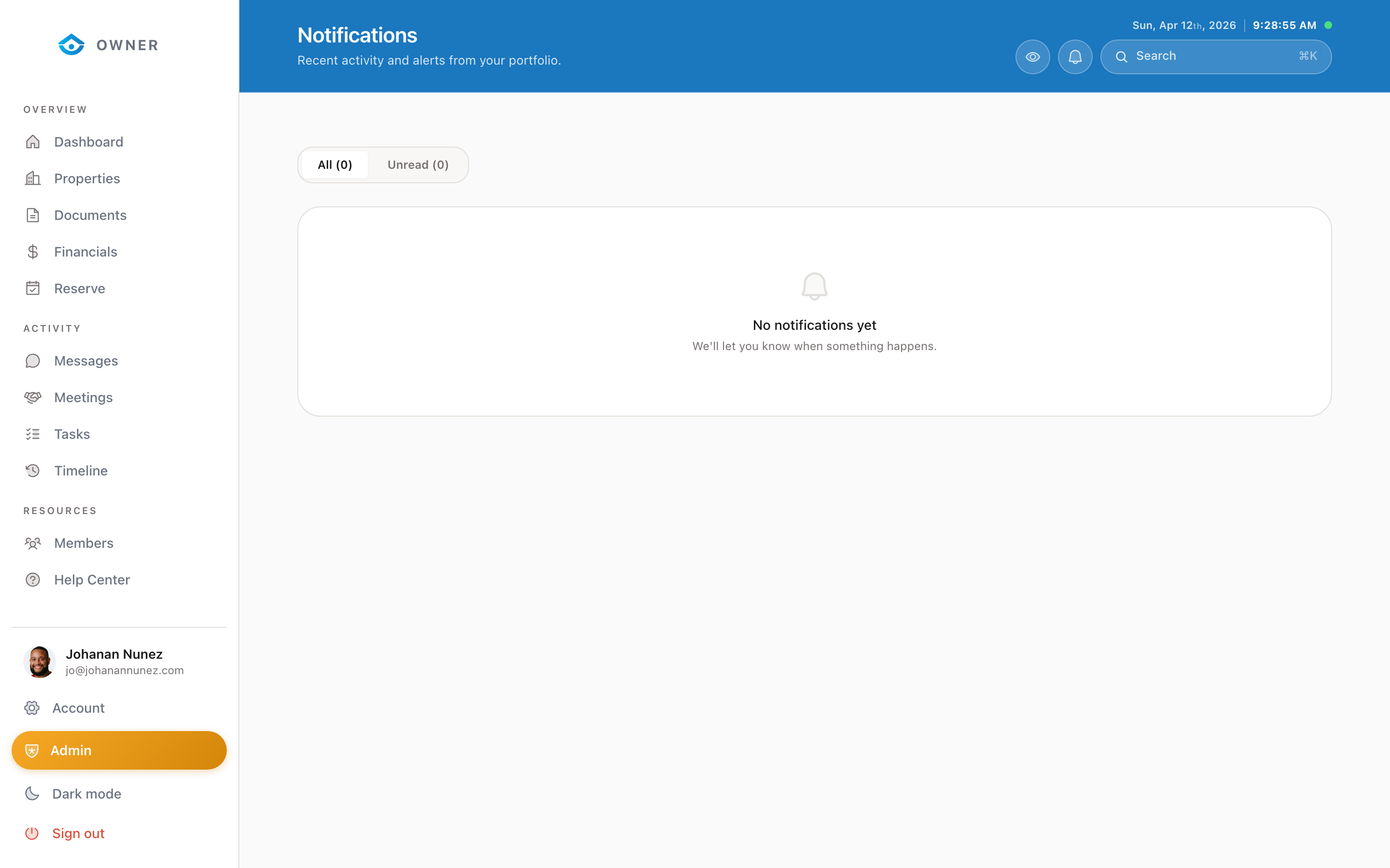 Notifications page showing recent alerts and updates