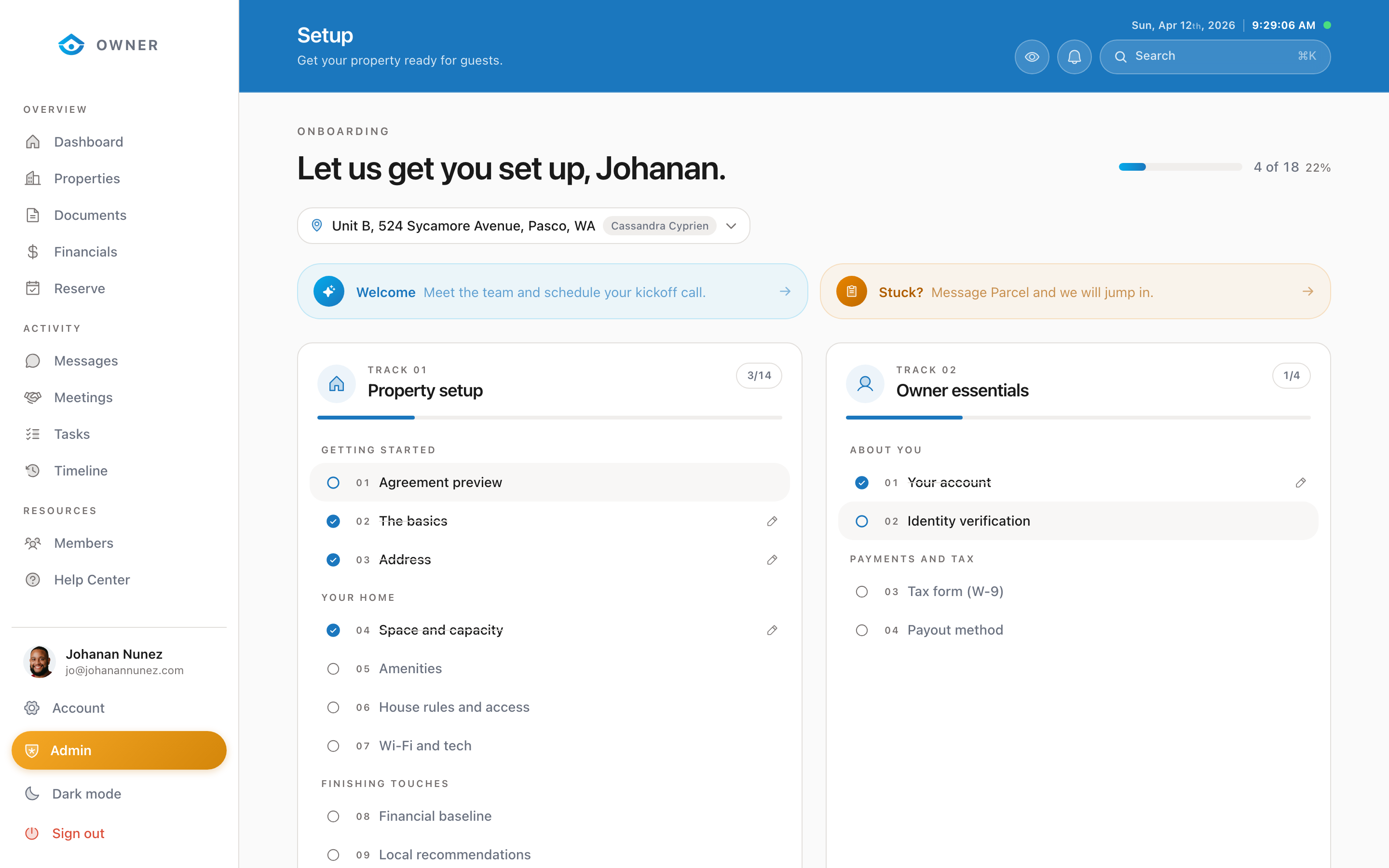 Onboarding setup wizard showing all required steps