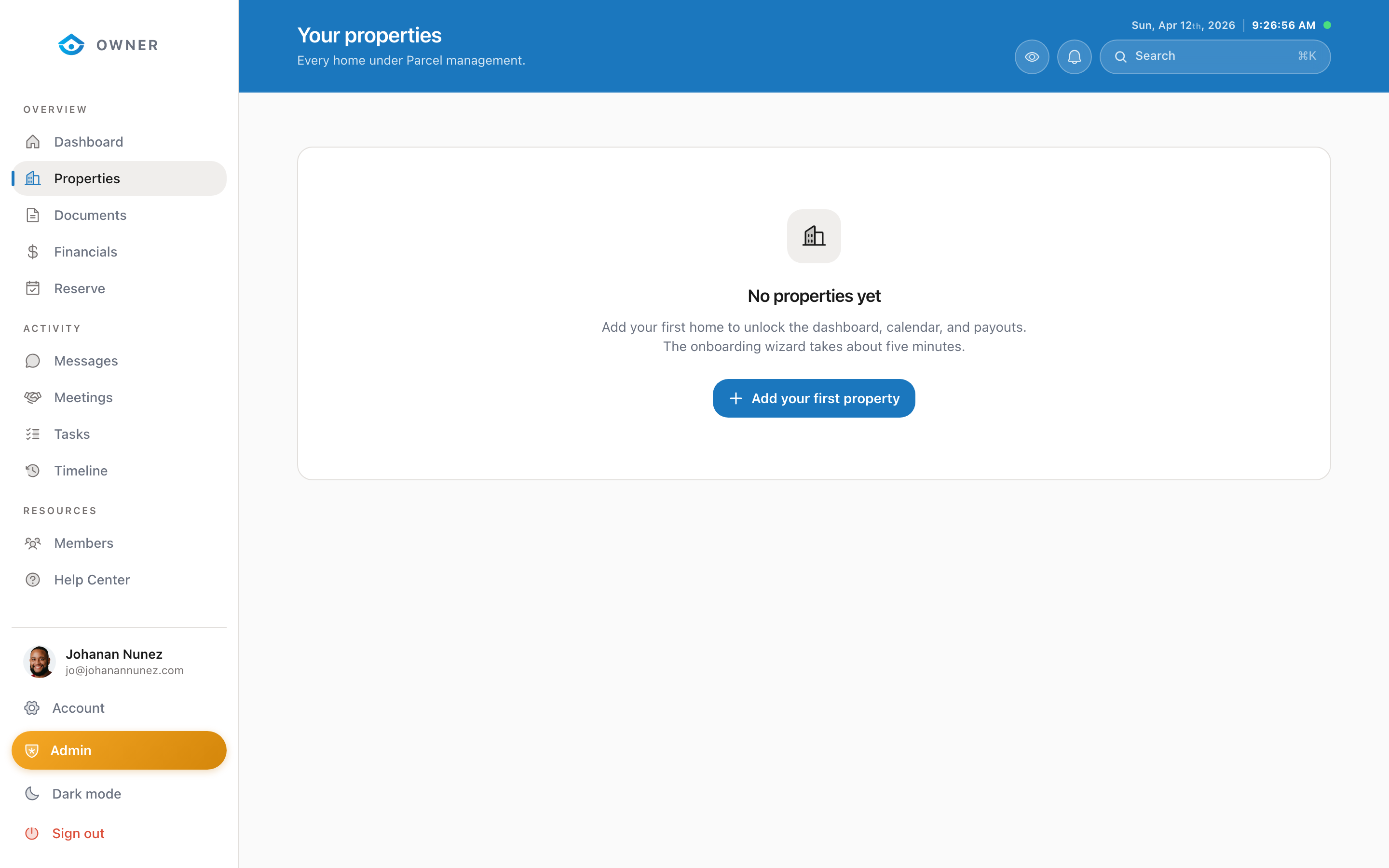 Properties page with status indicators for each property
