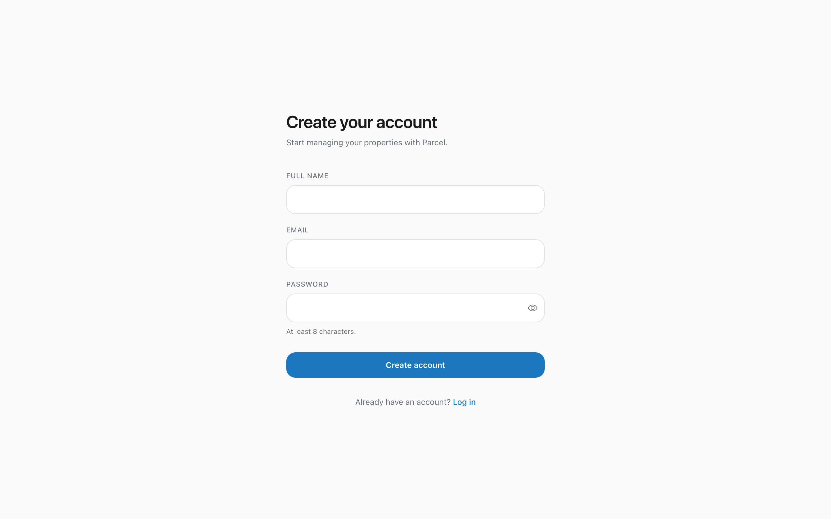 Parcel signup page for creating a new owner account
